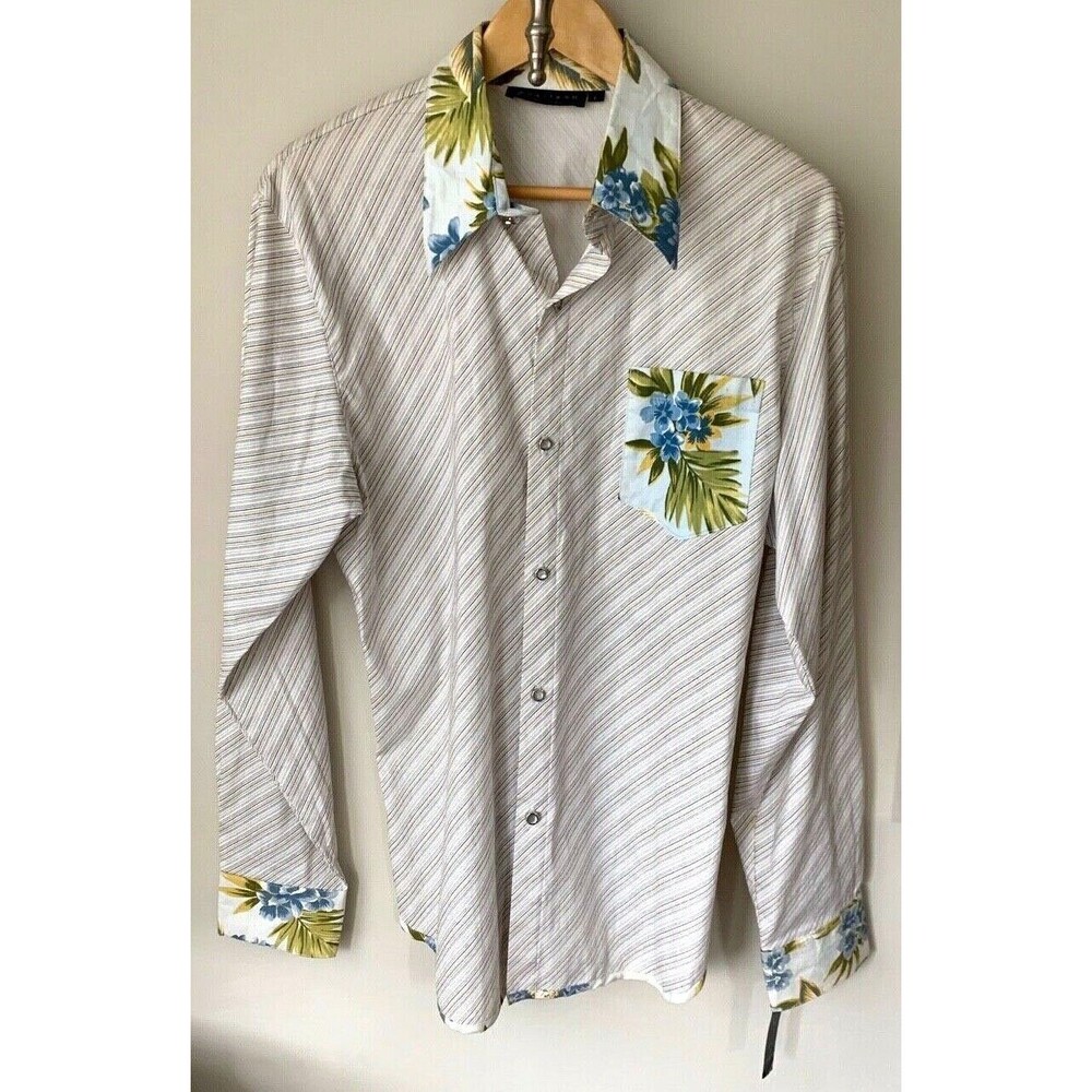 Men's L NWT Positano Stripe Hawaiian Floral Long Sleeve Button Down Shirt